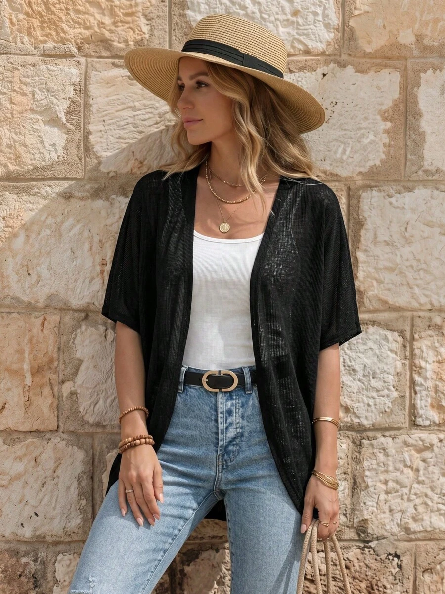 EMERY ROSE Women's Casual Solid Color Batwing Lightweight Semi-Sheer Cover-Up Jacket Fall Autumn Going Out Black Summer Open Front Jacket