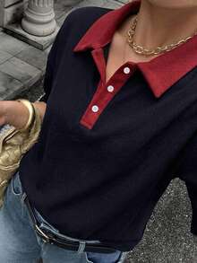 Livesso 對比色拼接寬鬆條紋 Polo 領中袖休閒夏季大尺碼女款 T-shirt - 黑色 - 查看 1
