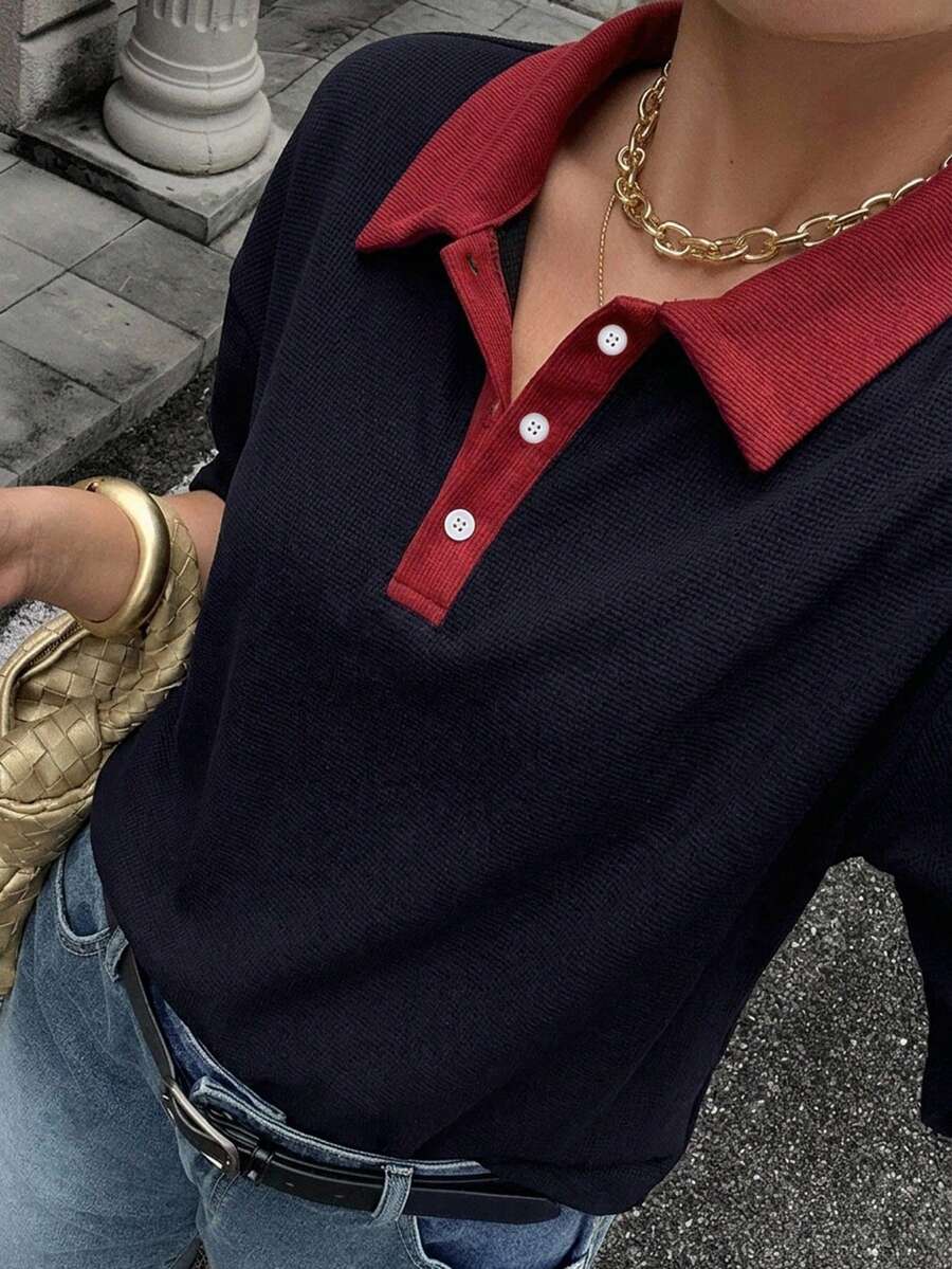 Livesso 對比色拼接寬鬆條紋 Polo 領中袖休閒夏季大尺碼女款 T-shirt - 黑色 - 查看 1
