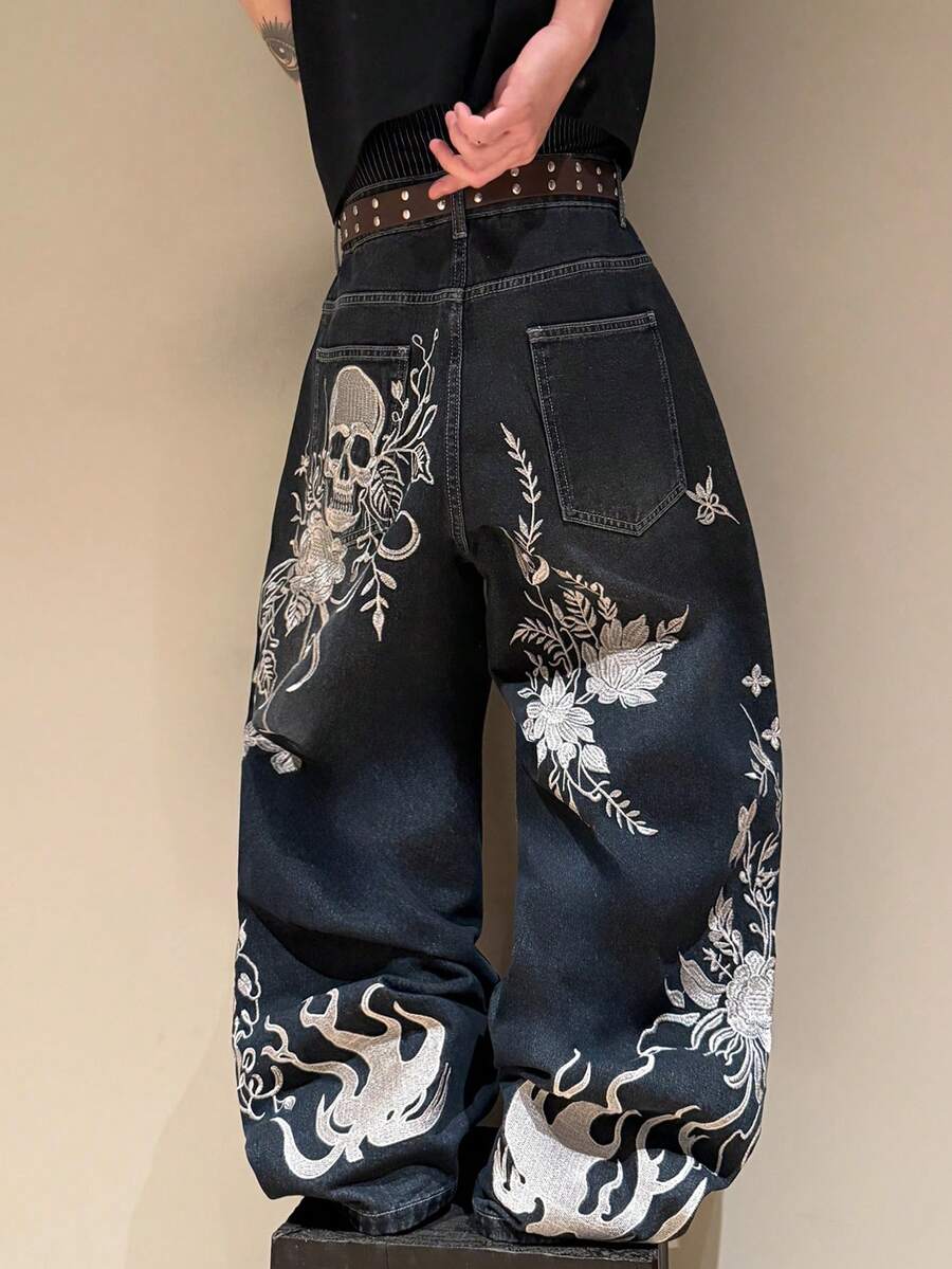 STEELVANCE 街頭時尚復古百搭做舊水洗貓鬚刺繡設計寬鬆直筒寬腿休閒牛仔褲(不含腰帶與配件) - 藍色 - 查看 1