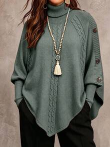 Linhara CURVE Women's Solid Color Knitted Button High Neck Batwing Long Sleeve Cape Style Fitted Elegant Sweater, Autumn/Winter - Olive Green - View 1