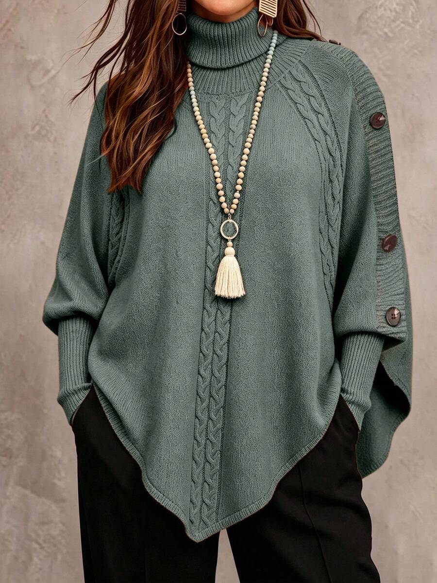Linhara CURVE Women's Solid Color Knitted Button High Neck Batwing Long Sleeve Cape Style Fitted Elegant Sweater, Autumn/Winter - Olive Green - View 1