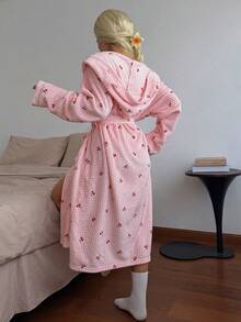 SHEIN Women's Winter Plush Pink Plaid Cherry Print Hooded Robe - Pink - View 2