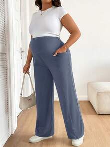 Plussiva Plus Size Maternity Solid Color Adjustable Waistband Pants With Pockets - Grey - View 7