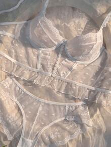 Crystal Vow Women's Lace Patchwork Spaghetti Strap Bra And Triangle Panty Sexy Lingerie Set - White - View 3