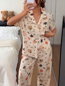 Dream Adore Halloween Pumpkin & Bat Print Striped Collar Casual Pajama Set, 2 Pieces - Apricot - View 4