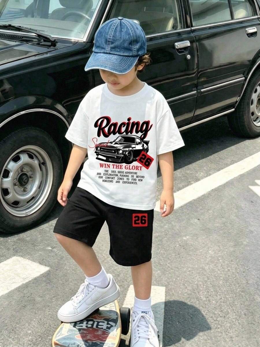 兒童小男孩休閒簡約卡通圖案短袖T恤與短褲2件套,適合夏季、萬聖節、秋季、上學、聖誕節 - 彩色 - 查看 1