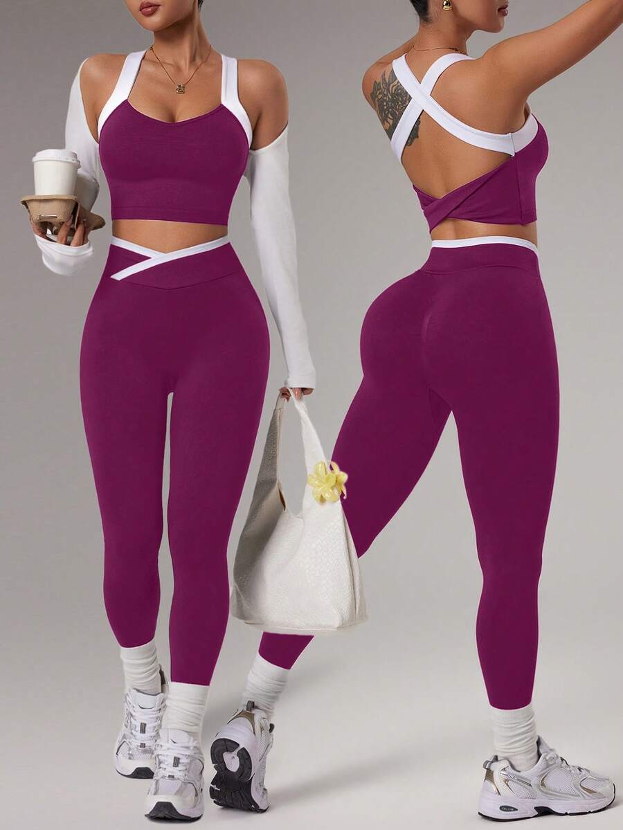 SHEIN Sports 1套紫色白色無縫運動套裝，無袖露背，柔軟舒適貼身，適合健身、跑步、休閒運動性感風，瑜伽健身房夏季穿搭