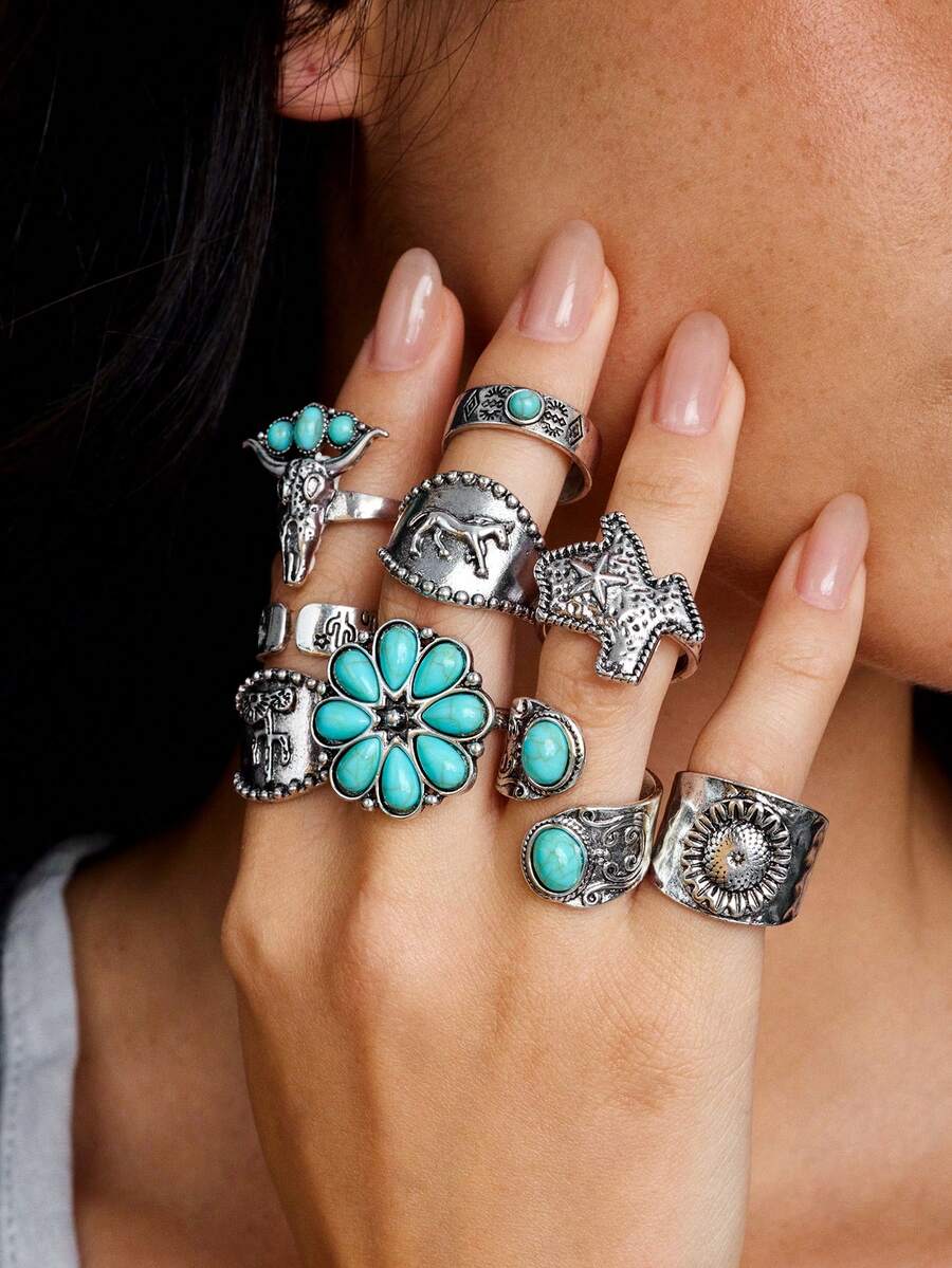 Kryxie 10pcs/Set Vintage Turquoise Flower, Texas Map, Cactus, Sunflower, Arrow Shaped Open Band Style Rings For Women Holiday Jewelry Valentines - Multicolor - View 1