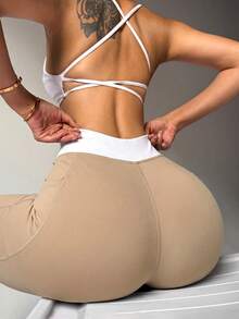 Slayform Slayform Legging Olahraga Wanita Serbaguna dengan Pinggang Silang dan Warna Kontras yang Pas di Badan - Khaki - View 2