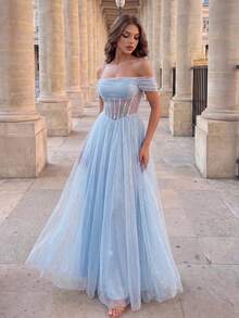 Poshira Women's Off-Shoulder Cinched Waist Elegant Ball Gown Dress (Intricate Design) - Blue - View 6