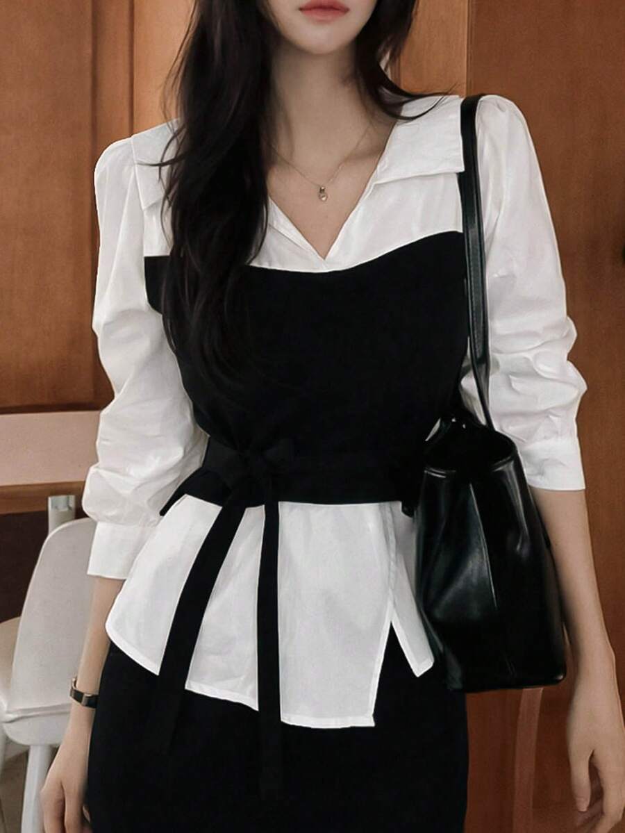DAZY 女款拼接撞色 2 合 1 領口長袖前綁帶休閒優雅正式度假風春秋襯衫 - 白色 - 查看 1