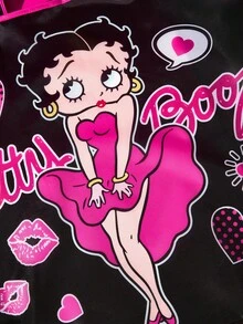 Betty Boop x SHEIN 復古 Pin-Up Girl 與愛心印花可折疊聚酯纖維購物袋，可重複使用超市購物袋附收納袋 - 黑色和粉色 - 查看 3