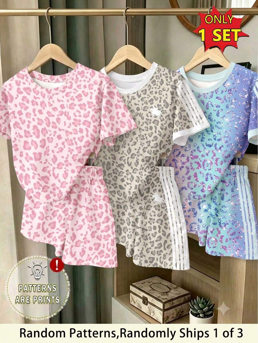 (Random Patterns, Randomly Ships 1 Of 3) Girls' Fashionable Personalized Colorful Glitter Leopard Print Knight Horse Pattern Striped Print Basic Short T-Shirt And Shorts Set - Multicolor - View 1