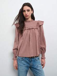 Nöista Light Brown Plaid Top Ruffles, Loose-Fitting Straight Cut, Sweet,Cute, Ruffled . Comfortable, Everyday Wear  Casual, Youthful Vibe.Fall/Winter,. - Pink - View 1