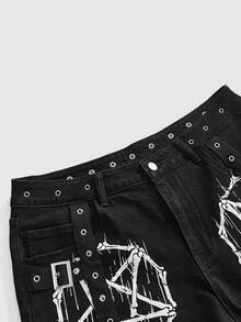 ROMWE Grunge Punk Vintage Punk Pentagram Print Ribbon Plus Size Denim Shorts - Black - View 3