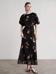 Aveloria Modichic 雪紡黑色花卉印花落肩袖圓領短袖收腰優雅浪漫女款長洋裝，適合婚禮、花園派對、晚餐、夏季 - 彩色 - 查看 8