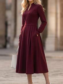 Editum Gaun Elegan, Gaya Hepburn, Leher V Kecil, Rok Mengembang Bervolume, Detail Kerut, Gaya Prancis, Musim Gugur/Pernikahan/Kantor - Burgundy - View 4