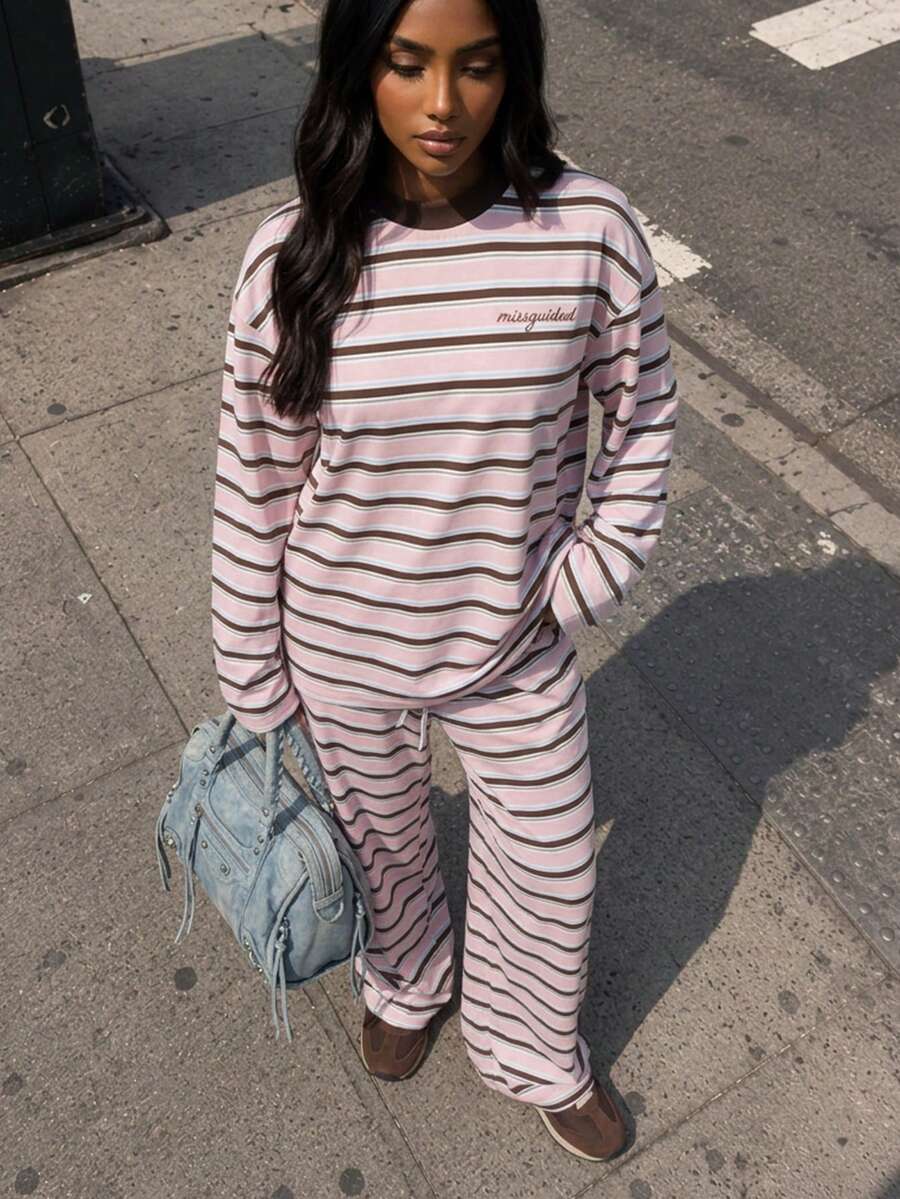 MISSGUIDED Atasan Lengan Panjang Bergaris Ukuran Besar dengan Manset Lonceng, Kerah Bulat, Logo Bordir, Gaya Musim Dingin yang Nyaman dan Panjang - MultiWarna - View 1