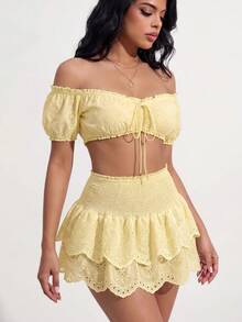 SHEIN SXY 女款夏季性感海灘度假風素色雪紡露肩前打結短版上衣 - 黃色 - 查看 6