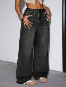 SHEIN Teen Girl Casual Versatile Daily Wear Denim Jeans With Pockets And Buttons - Black - View 3