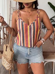 SHEIN VCAY Plus Size Summer Color Block Striped Casual Boho Tank Top Beach Bussines Yellow - Multicolor - View 6