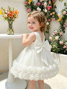 SHEIN Glamorique Kids 女嬰全白薄紗3D花朵洋裝 生日花童派對婚禮公主風 夏季穿搭 優雅可愛學院風 - 白色 - 查看 2