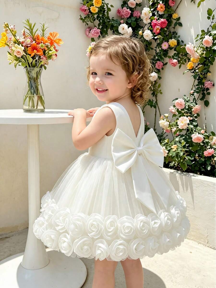 SHEIN Glamorique Kids 女嬰全白薄紗3D花朵洋裝 生日花童派對婚禮公主風 夏季穿搭 優雅可愛學院風