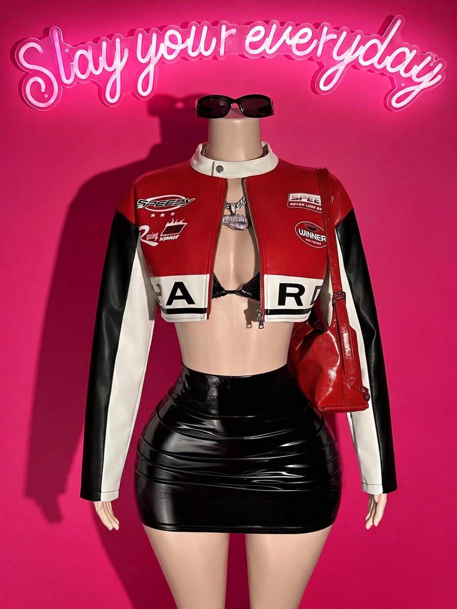 Slaydiva Women Red Black White PU Cropped Racing  Jacket Racing Badge Letter Print Zip‑Up Faux Leather Biker Coat Y2K Halloween Christmas Street Party