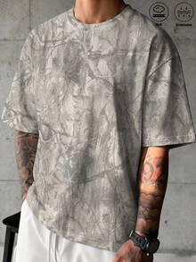 Gym Rark Retro Grey Woodland Camo Graphic Tee For Men, Full Print Distressed Tree Branch Maple Leaf Pattern, Relaxed Fit Crew Neck, Comfortable Daily Outdoor S - Multicolor - View 1
