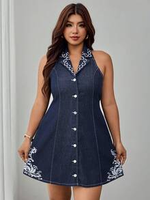 Elenzga Plus Size Washed Embroidered Single-Breasted Halter Neck Denim Dress - Dark Wash - View 3