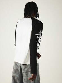 SUMWON Mens Color Block Raglan Long Sleeve Tee With Graffiti Star Print On Sleeves Crew Neck - Black and White - View 3