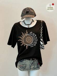 SHEIN EZwear 休閒極簡風人造金箔太陽神圖案落肩寬鬆女款T恤，復古懷舊風，休閒度假風，性感風，可愛Y2K Coconutgirl 波希米亞度假春假早午餐女孩旅行寶藍色霓虹海灘氛圍波希米亞嬉皮風音樂節，適合夏季 - 黑色 - 查看 5
