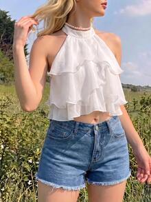 SHEIN MOD أبيض، صيفي، أنيق، ملابس علوية قصيرة متعددة الطبقات مع كشكشة لضيوف الزفاف، ملابس علوية أنبوبية بدون ظهر للحفلات للنساء، ملابس علوية مكشوفة الكتفين بتصميم بسيط عتيق - أبيض - مشاهدة 6
