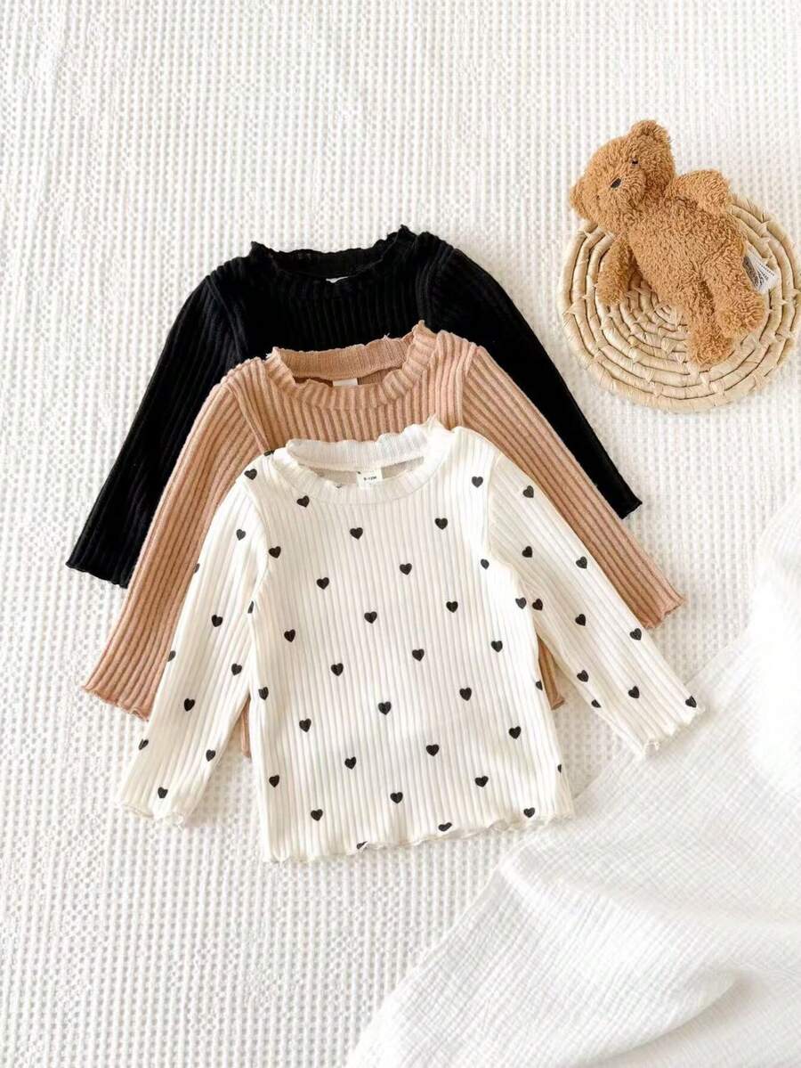 SHEIN 3 Pack Baby Girls Infant Toddler Cute Casual Babydoll Ribbed Knit Heart Print Solid Color Lettuce Trim Long Sleeve Crew Neck Ruffle Hem Soft Fuzzy Top - Multicolor - View 1