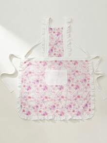SHEIN Pack Of 1, Ladies Printed Floral Lace Apron With Pocket Flountain, Cross Strap Kitchen Cooking Cleaning Apron Daily Home - Multicolor - View 9