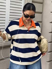 Livesso 女款大尺碼拼色拼接條紋寬鬆 Polo 領中袖休閒夏季 T 恤 - 藍白色 - 查看 6