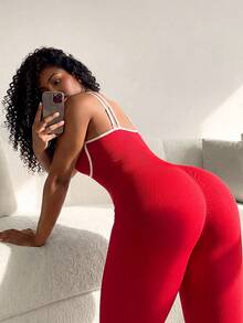 SHEIN Core Rhythm Women's Seamless Ribbed Spaghetti Strap Camisole Jumpsuit, Tight Fit, Butt-Lifting Yoga Fitness Running One-Piece - Red - View 6