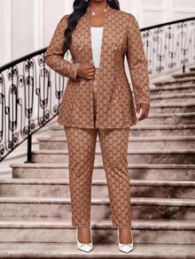 Fleurora Setelan Jas dan Celana Lengan Panjang Motif Pita untuk Wanita Ukuran Besar, Cocok untuk Hari Guru, Kantor, Acara Formal Malam Hari, Formal Cokelat, Musim Panas, Elegan - Coklat - View 4
