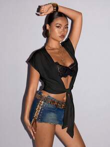 SHEIN ICON 女款深V領黑色打結繆思風上衣 - 黑色 - 查看 6