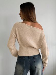 Aloruh Women's Solid Color Asymmetrical Shoulder Casual Daily Long Sleeve Sweater - Apricot - View 2