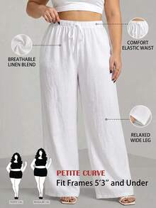 SHEIN PETITE CURVE 大码女式纯色阔腿弹力腰休闲裤 - 白色 - 查看 9