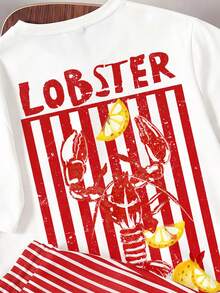 Manfinity Joysei Men's Letter & Lobster Print Short Sleeve T-Shirt And Striped Drawstring Waist Shorts Set - Red - View 3
