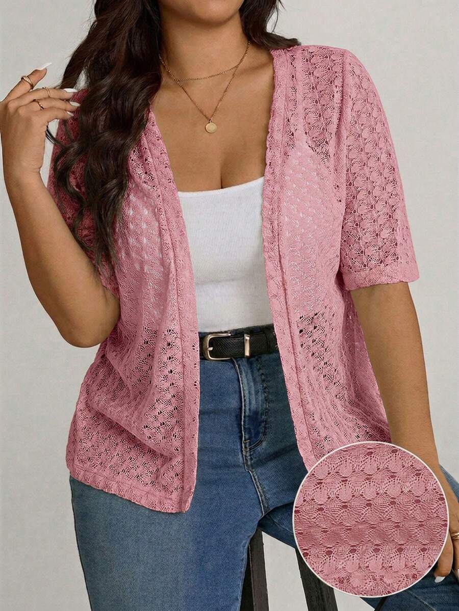 SHEIN LUNE 大尺碼女款純色休閒百搭日常穿搭開襟衫 - 粉色 - 查看 1
