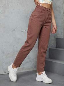 SHEIN ICON 女款休閒日常牛仔褲，附口袋與鈕扣設計 - 咖啡棕 - 查看 7
