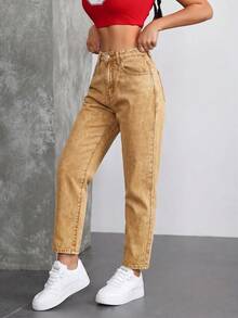 SHEIN ICON 女款休閒日常牛仔褲，附口袋與鈕扣設計 - 駝色 - 查看 2