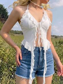 SHEIN X YERIMUA SHEIN MOD 夏季浪漫白色荷叶边缎带和3D花朵系带领上衣 夏季女式上衣 演唱会女式性感上衣 - 白色 - 查看 6