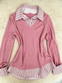 IslaSuriya Women's Ribbed Knit Top, 2 In 1 Striped Collar V-Neck Long Sleeve Slim Fit Shirt, Casual Layered Look, New Fall Style - Multicolor - View 1
