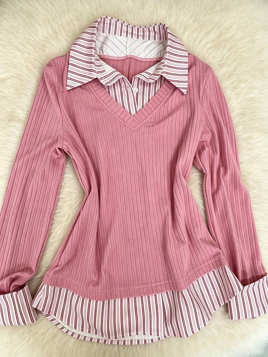 IslaSuriya Women's Ribbed Knit Top, 2 In 1 Striped Collar V-Neck Long Sleeve Slim Fit Shirt, Casual Layered Look, New Fall Style - Multicolor - View 1