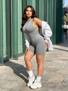 Gameset SHEIN Sport Plus Size Seamless Sleeveless Jumpsuit, Round Neck Vest Style Seamless Gray Fitness Yoga Sportswear - Grey - View 5